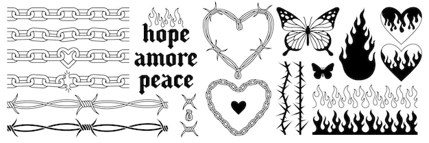 Tattoo art 1990s 2000s Y2k stickers Butterfly barbed wire fire flame chain heart