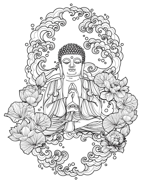 Vettore disegno del buddha di arte del tatuaggio sul disegno e sullo schizzo della mano di loto