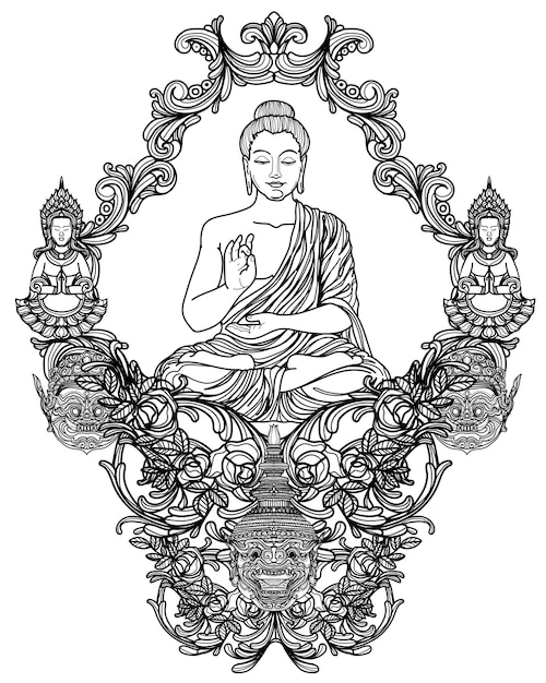 Vector tattoo art buddha thai design hand drawing and sketch