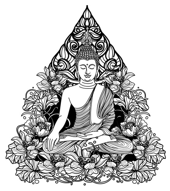 Arte del tatuaggio buddha thai design su disegno e schizzo a mano di loto