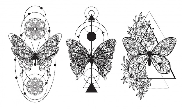 Passi il disegno e lo schizzo della mano della farfalla di arte del tatuaggio con la linea illustrazione di arte