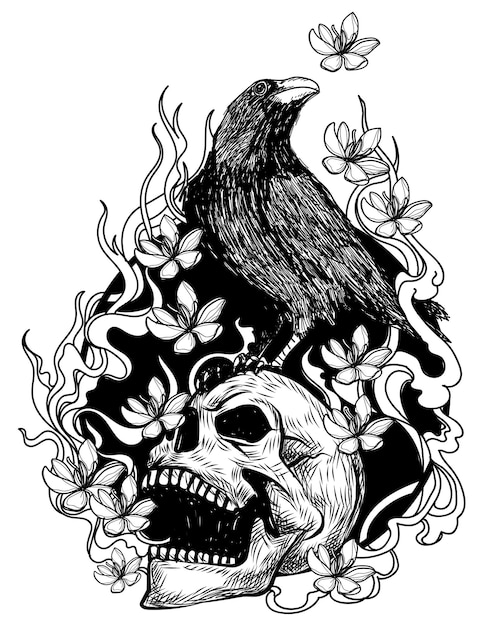 Искусство татуировки ворона на чертеже руки черепа и эскизе