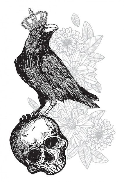 Tattoo art crow wearing a crown on a skull