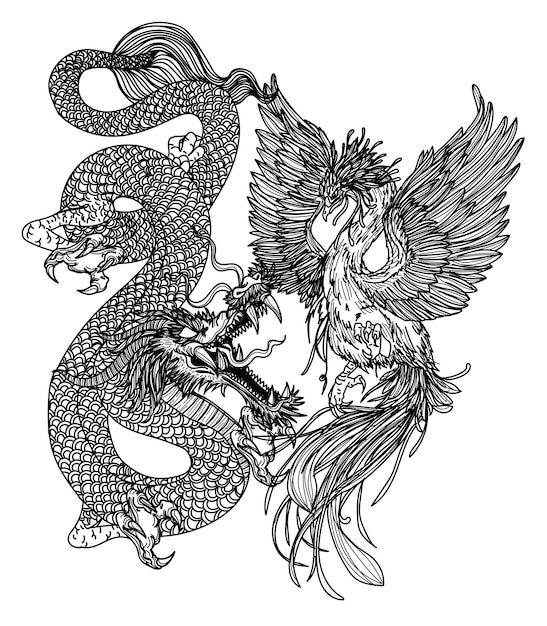 Вектор Искусство татуировки даргон и лебедь китай рука рисунок эскиз черно-белый