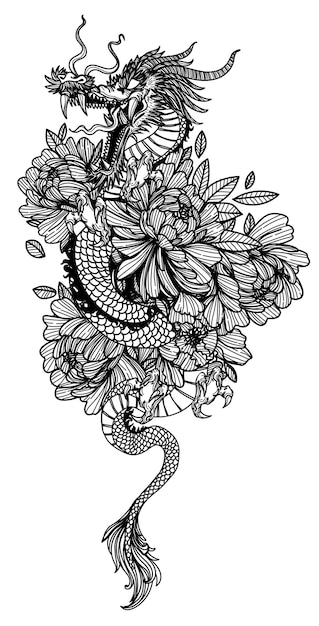 Tattoo art dargon in flower drawing sketch black and white