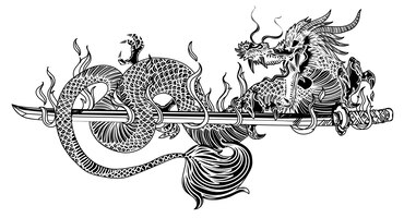 Vector tattoo art dargon and japanese sword hand drawing sketch black and white