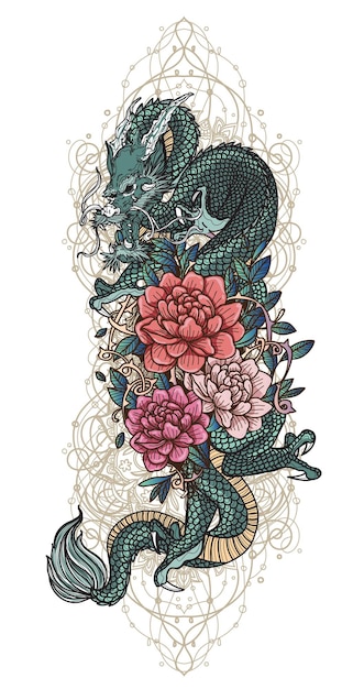 タトゥーアートドラゴンと花の手描きスケッチ