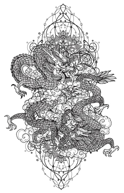 Vector tattoo art dragon hand drawing sketch