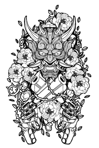 Vector tattoo art duivel gezicht binnen pistool en bloemen op witte achtergrond.