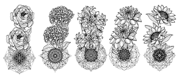 문신 예술 꽃 세트 드로잉 및 스케치