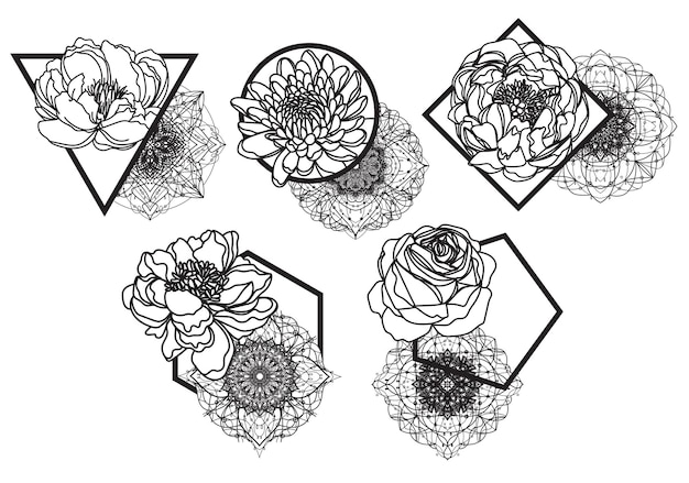 Vector tattoo art flower set drawing and sketch