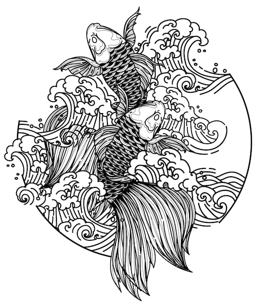 Vector tattoo art japan fishs ontwerp hand tekenen en schetsen zwart-wit