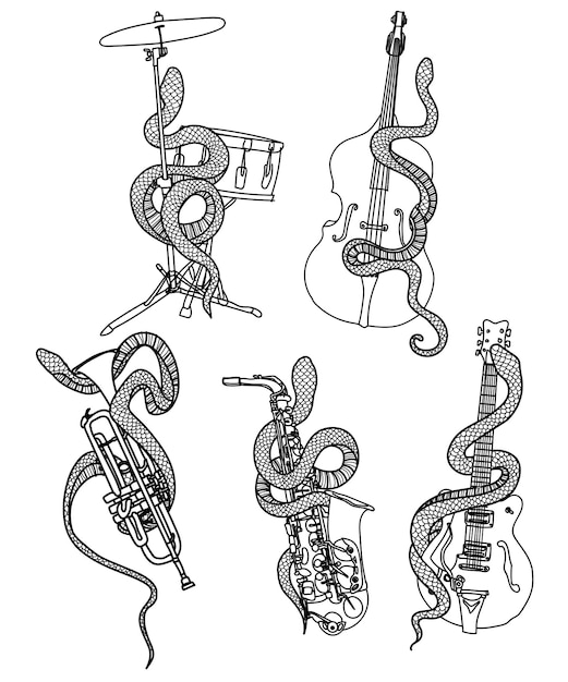 Tattoo art muziekinstrument en slangenhand tekenen en schetsen