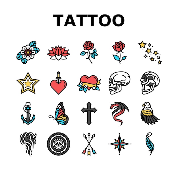 Tattoo art rose vintage style icons set vector