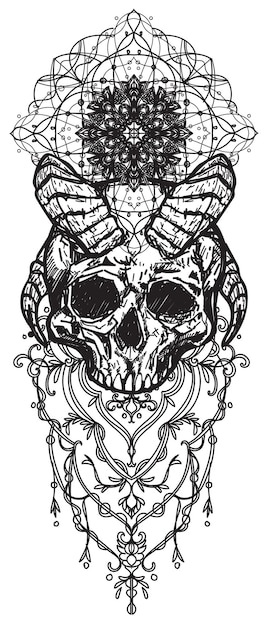 Vector tattoo art schedel duivel tekening en schets zwart en wit