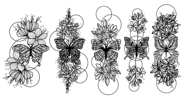 문신 예술 세트 나비 스케치 흑백