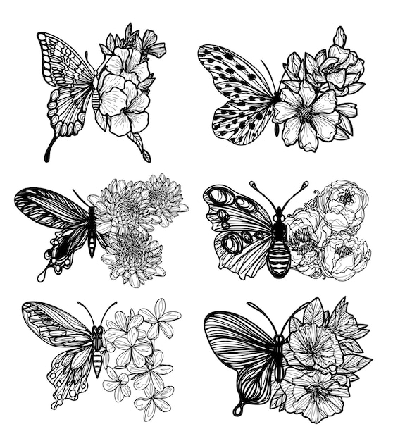 Vector tattoo art set butterfly wings as flowers sketch black and white