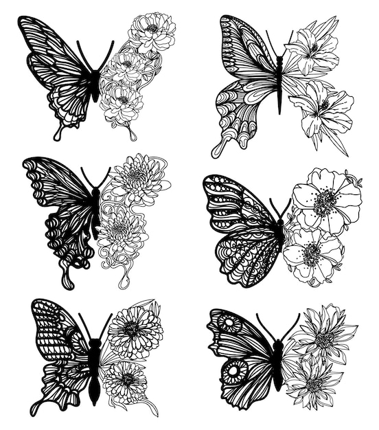 Tattoo art set vlinder bloem vleugels schets zwart-wit
