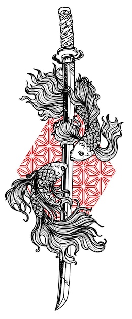 Arte del tatuaggio pesce combattente siamese e disegno e schizzo della mano della spada