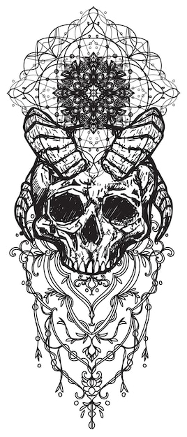 Vector tattoo art skull devil drawing and sketch black and white