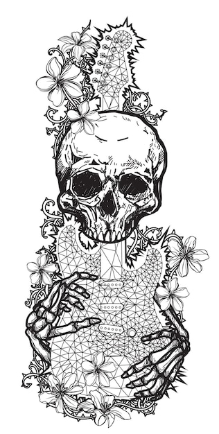 Tattoo art skull sketch flower and guitar black and white