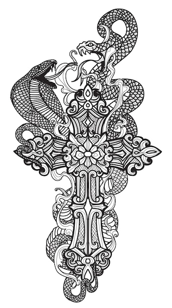 Tattoo art slangengevecht op kruistekening en schets zwart-wit