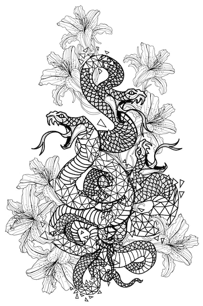 Arte del tatuaggio serpente e disegno floreale e schizzo in bianco e nero