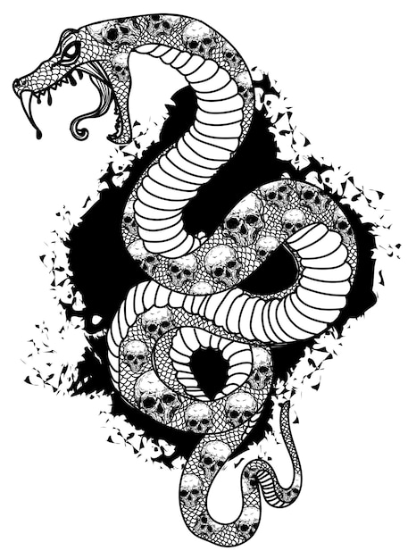 Tattoo art snak and skull pattern drawing and sketch black and white