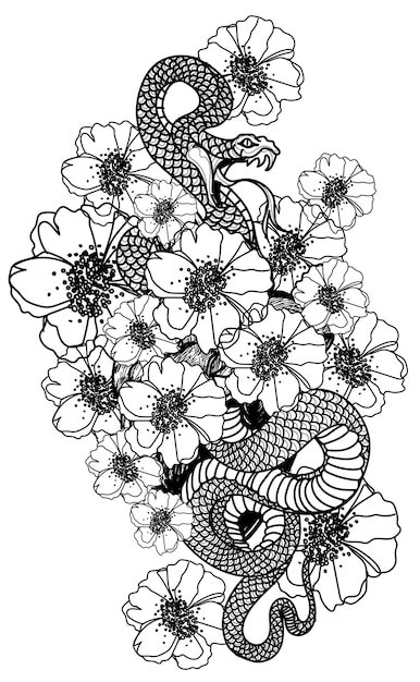 Tattoo art snake and flower hand drawing and sketch