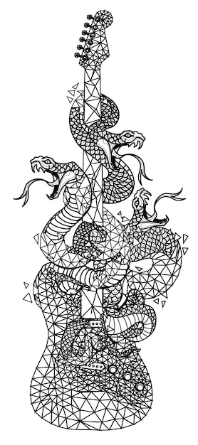 Arte del tatuaggio serpente e modello di chitarra disegno e schizzo in bianco e nero