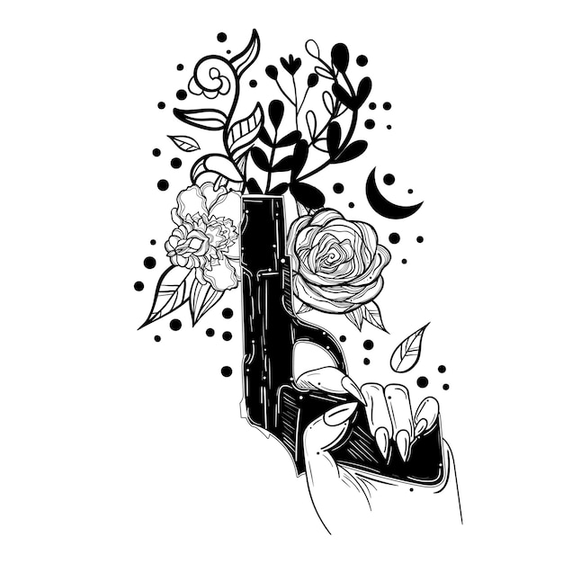 Illustrazione in stile tattoo con una pistola che spara fiori