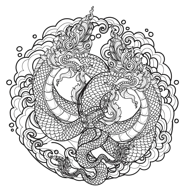 Vector tattoo art thai dragon hand tekenen en schetsen zwart-wit