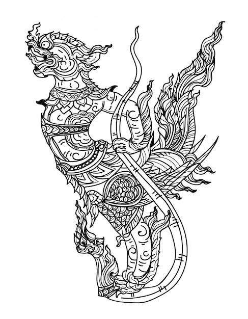 タトゥーアートタイ神話鳥文学手描きのスケッチ