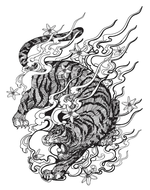 Tattoo art tiger hand drawing and sketch black and white