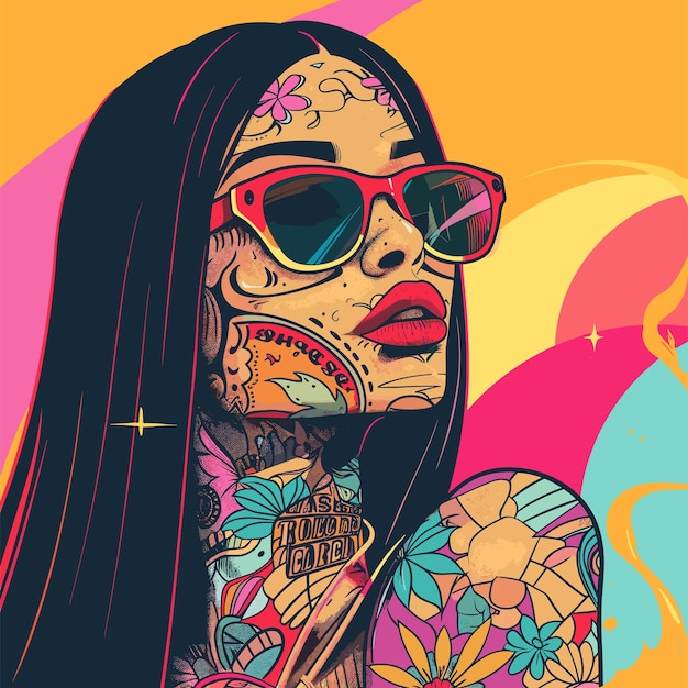 Tattoo art Woman39s face in sunglasses Vector illustration