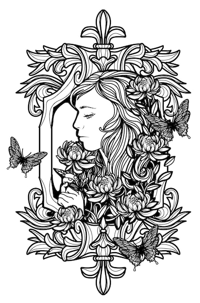 Искусство татуировки женщины и цветок рука рисунок и эскиз черно-белый