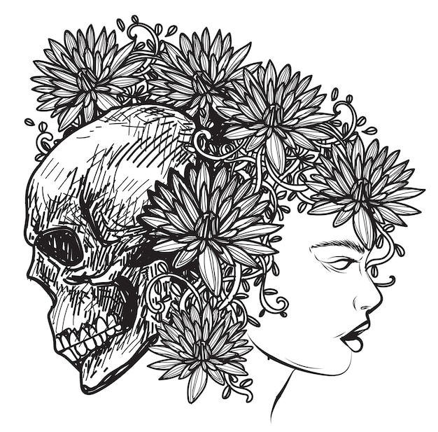 Tattoo art women flower and skull hand drawing sketch black and white