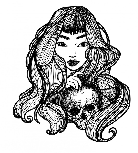 Tattoo art women hold a skull hand drawing and sketch black and white