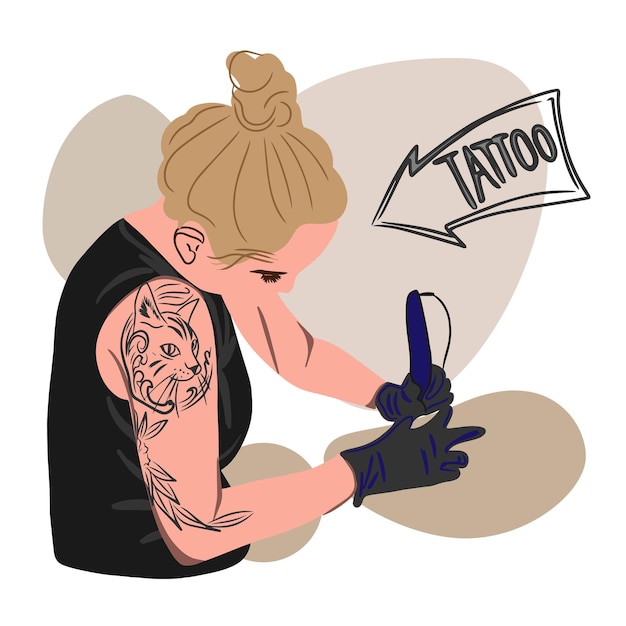 Tattoo artist master in the process of work tattoo machine arm tattoo flat sketch