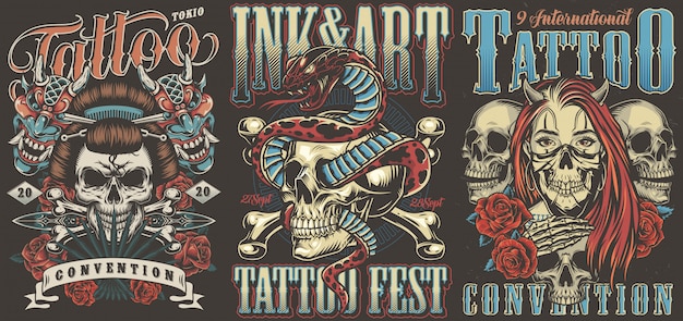 Vettore convenzioni di tatuaggio colorati poster vintage