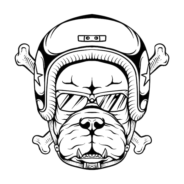 Vettore disegno del tatuaggio pitbull disegnato a mano con casco line art in bianco e nero