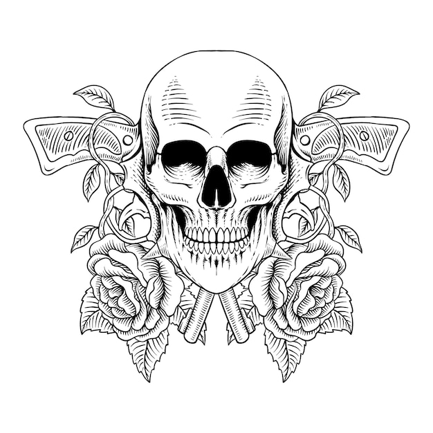 Premium Vector | Tattoo design hand drawn skull with gun and roses line art engraving style Premium Vector | Tattoo design hand drawn skull with gun and roses line art engraving style