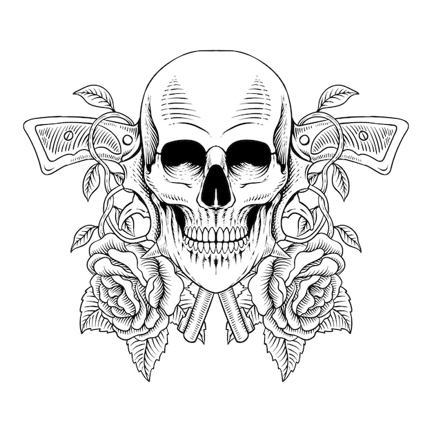 Tattoo design hand drawn skull with gun and roses line art engraving style