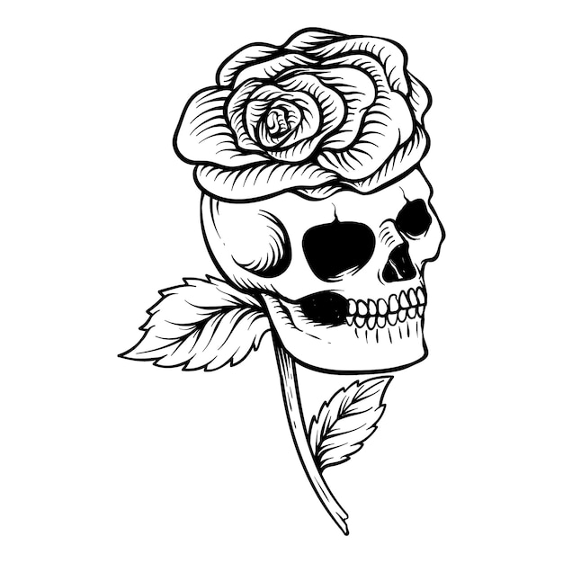 Vettore disegno del tatuaggio disegnato a mano t shirt design rosa con teschio in bianco e nero