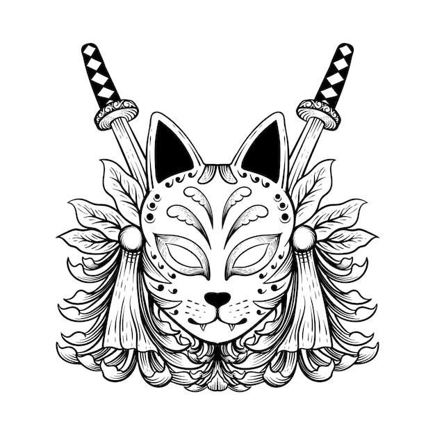 Disegno del tatuaggio maschera kitsune cultura stile incisione giapponese