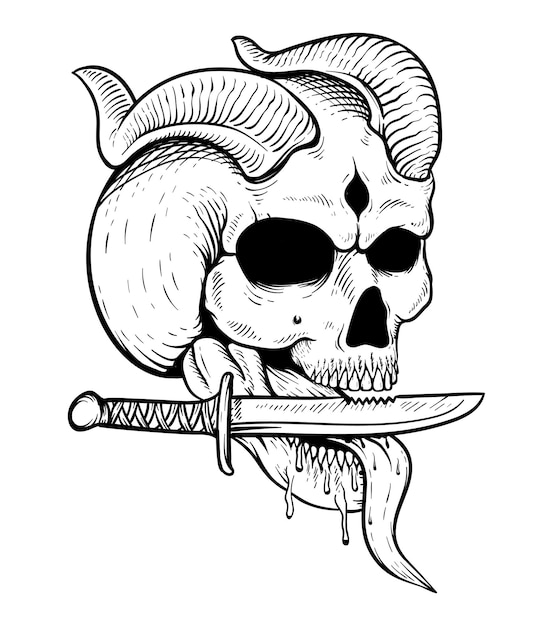 Tattoo design skull with knife black and white