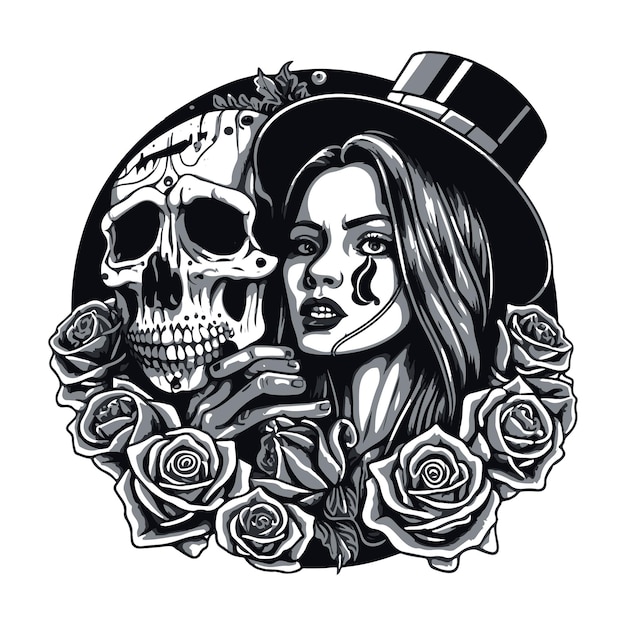 Tattoo design of woman in hat and flowers