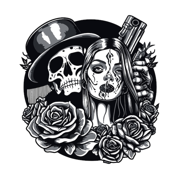 Tattoo design of woman and skull in hat