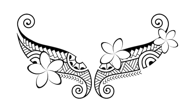 Tattoo in maori-stijl etnisch decoratief oosters ornament met frangipani plumeria-bloemen