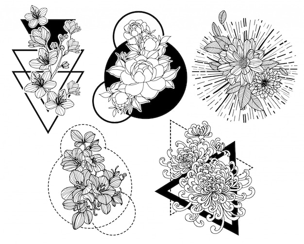 Tattoo kunst bloem hand tekening en schets zwart en wit met lijn kunst illustratie